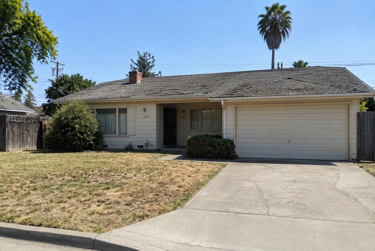 Older California ranch home with a dry lawn and worn roof